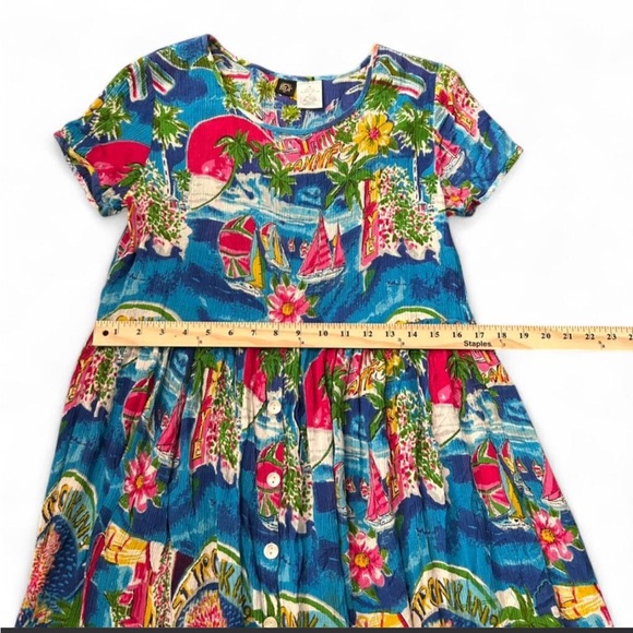 Vtg 90s Bila Colorful Travel Print Crinkle Gauze Midi Dress Sz M Boho Summer - Picture 10 of 10
